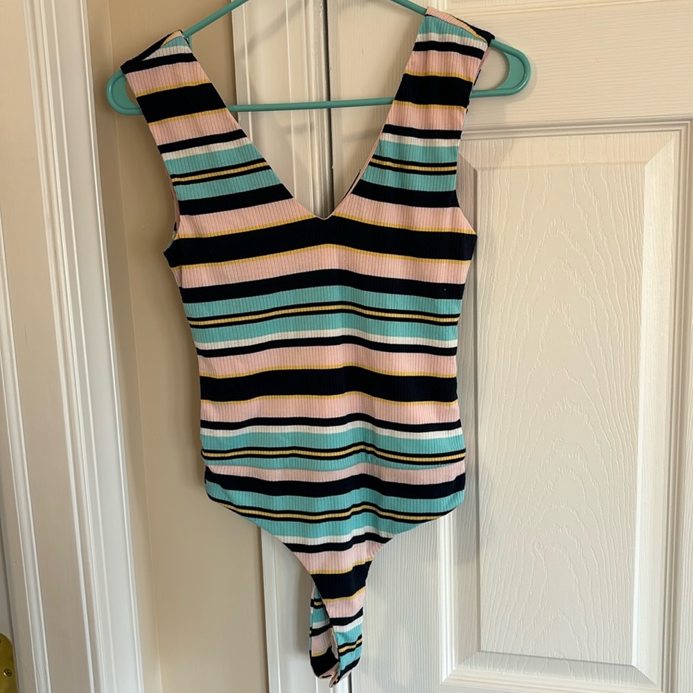 V Neck Backless Tank top Bodysuit with Stripes
